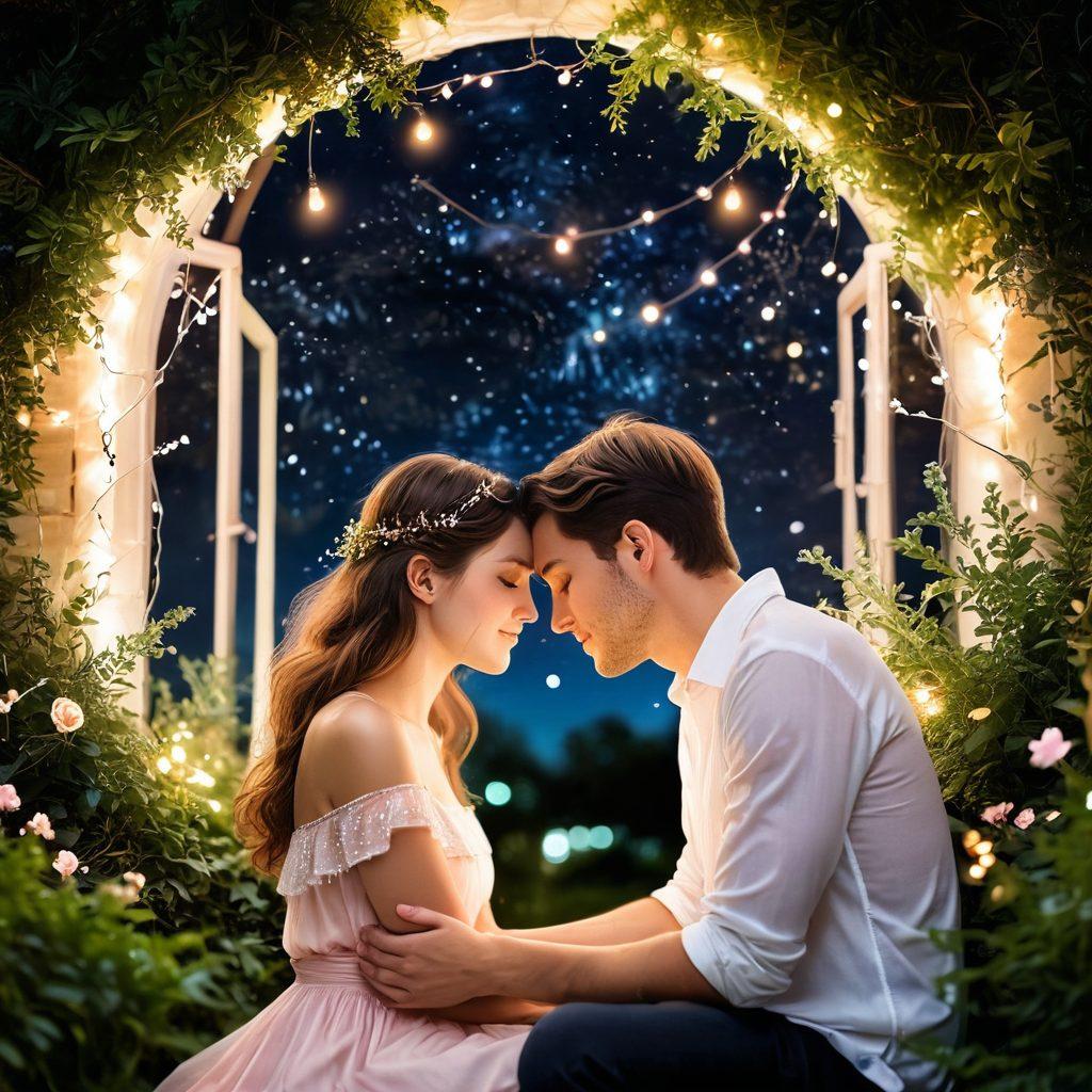 A warm, inviting scene of a couple sharing a tender moment under a twinkling starry sky, surrounded by soft, glowing fairy lights. They are locked in a gentle embrace, with their foreheads touching, conveying intimacy and romance. The background features lush greenery and flowers, adding a sense of tranquility and love. Include subtle hints of warmth and connection, like intertwined hands or a slight blush on their cheeks. super-realistic. soft pastel colors. cozy ambiance.