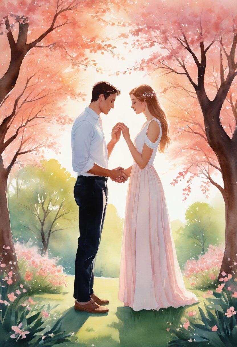 A serene scene depicting a couple sharing a quiet moment together in a sun-drenched park, surrounded by blossoming flowers that symbolize love and devotion. Their hands are intertwined, with a soft glow highlighting their faces, showcasing genuine emotions. In the background, a tree with heart-shaped leaves sways gently in the breeze, symbolizing the bond they share. watercolor style. warm pastel colors. ethereal atmosphere.