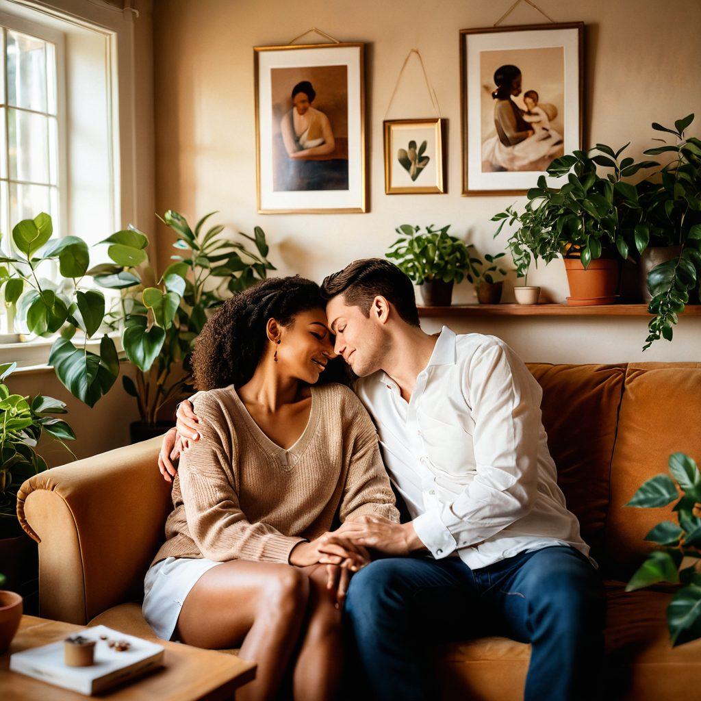 A tender scene depicting a couple sharing a cozy moment together in a beautifully lit living room, surrounded by personal touches like family photos and plants. Soft shadows and warm colors create an inviting atmosphere, symbolizing affection and intimacy. Include elements of love, such as intertwined hands or a heart-shaped symbol subtly integrated into the background. painting. warm tones. soft focus.